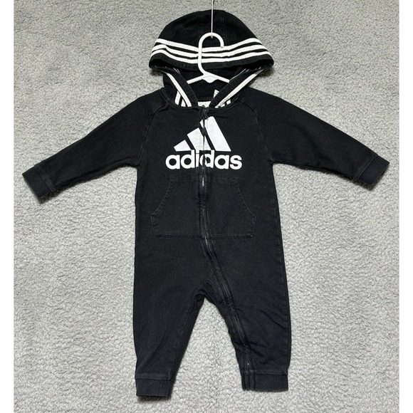 Adidas Baby Boys Zip Up Hooded One Piece Coverall 12 Months Black Hip Hop - Picture 1 of 7